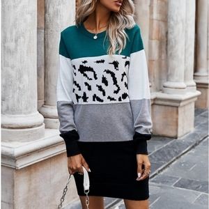 Teal & Gray & Leopard Colorblock Sweater Dress